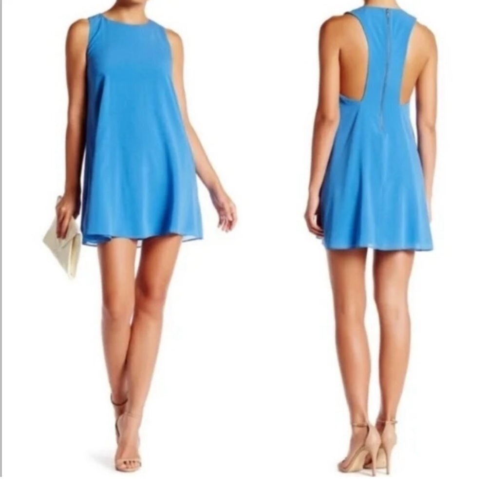 Alice + Olivia NWT Women Fletcher Low Racerback‎ Silk Blend Tunic Blue Dress L